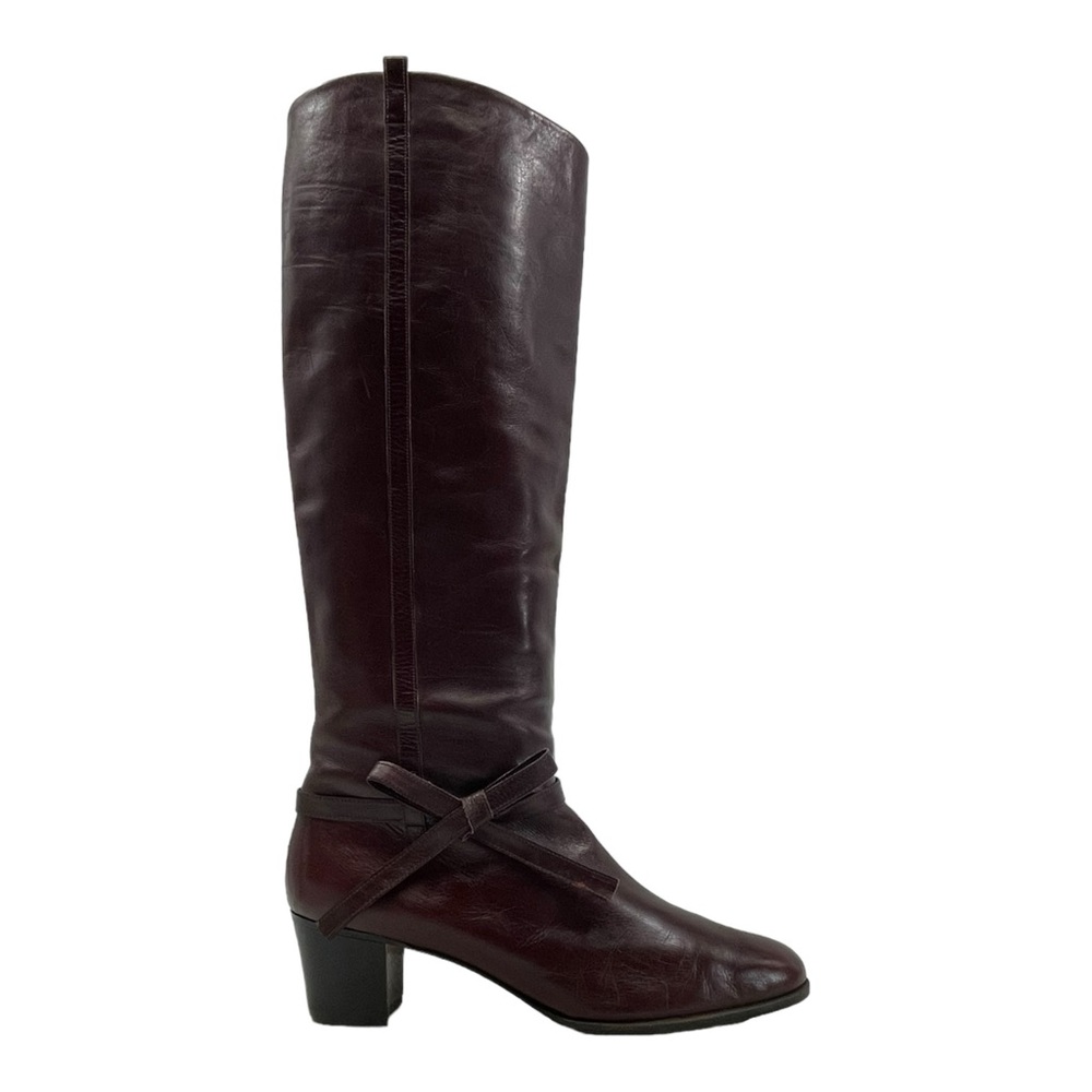 Vintage 70s SALVATORE FERRAGAMO Womens 9.5 Leather Knee High Riding Boots Bow - Picture 2 of 16